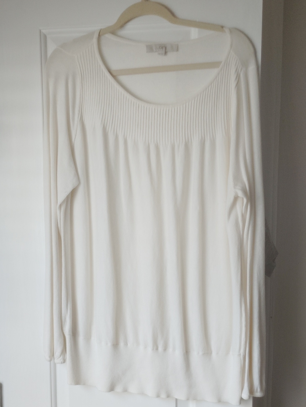 LOFT Cream Long Sleeve Scoop Neck Top with Pintucks